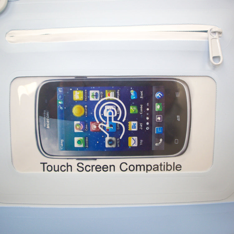 Phone case with a touchscreen compatible label on a light blue background