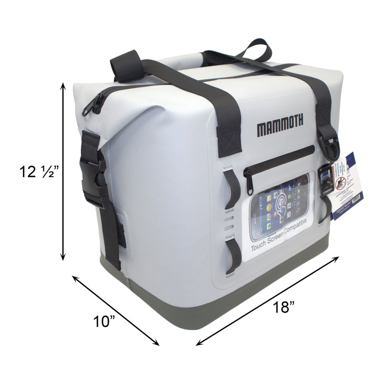 Mammoth cooler bag with dimensions labeled on a white background
