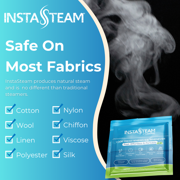 InstaSteam product packaging with steam rising, safety information on fabrics, and brand name.
