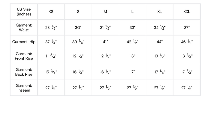 Size chart for garments with measurements in inches