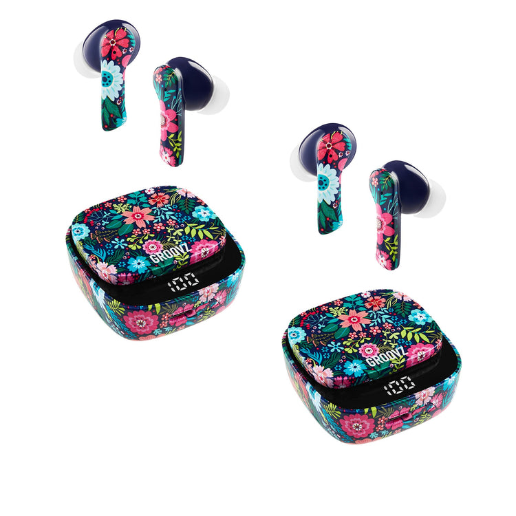 Floral wireless earbuds with matching case on a white background