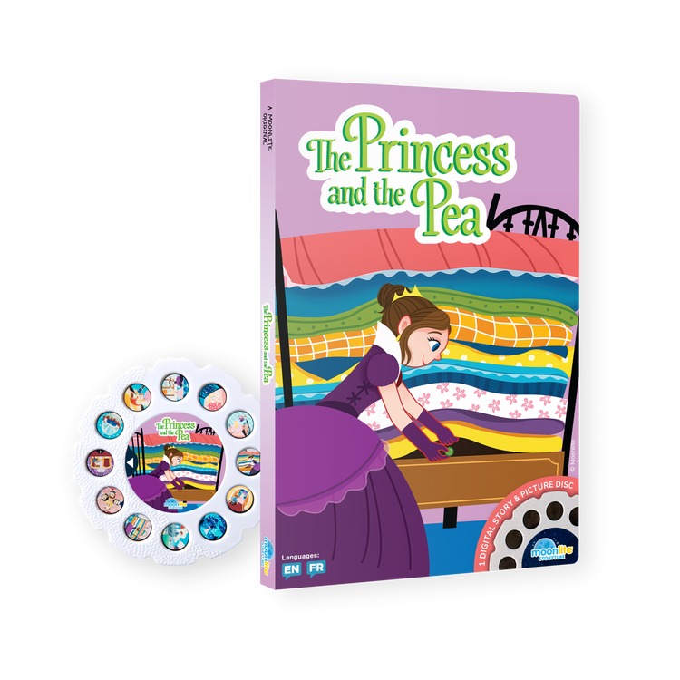 Children's book titled 'The Princess and the Pea' with a colorful cover and a matching toy on a white background.