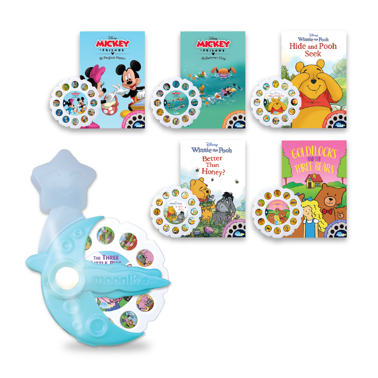Collection of Disney-themed children's books and a blue toy on a white background