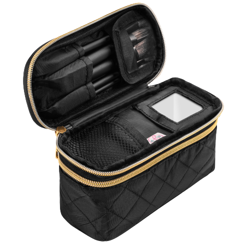 Black makeup case with gold zipper containing brushes and a mirror on a white background