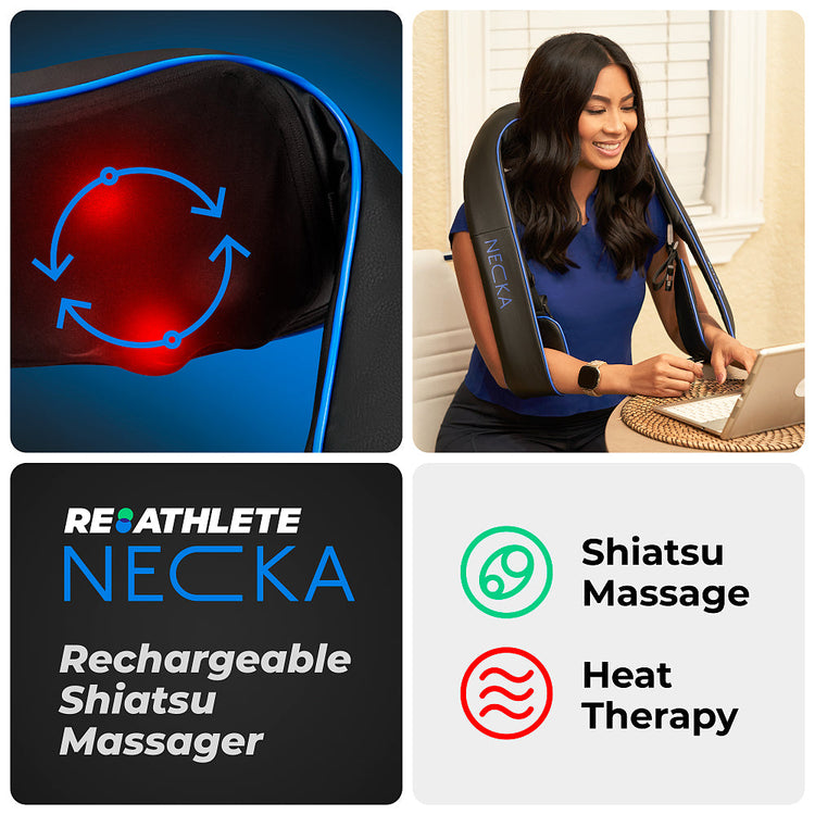 Necka rechargeable shiatsu massager with woman using it, product features highlighted.