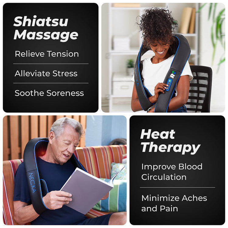Person using a neck and shoulder massager with text on shiatsu massage and heat therapy benefits.