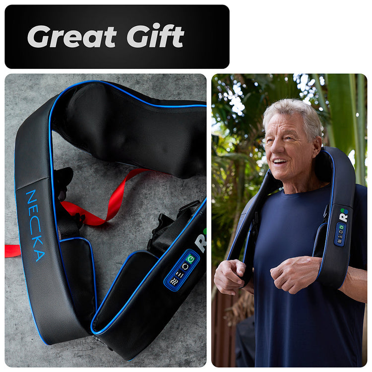Neck massager with 'NECKA' branding on a gray surface, and a man wearing it outdoors.