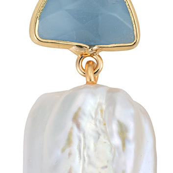 Square Freshwater Pearl with Aquamarine Stone Earrings