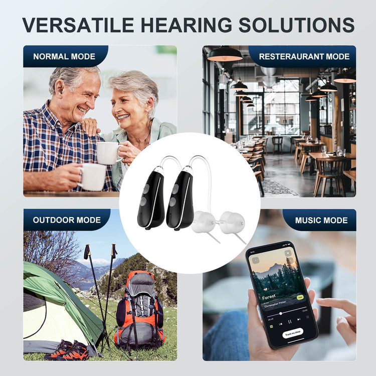 Hearing aid with mode options and lifestyle images on a white background
