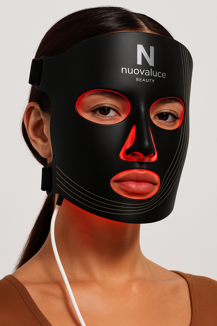 Woman wearing a black face mask with 'nuvaluce beauty' branding on a plain background