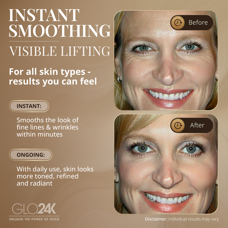 Advertisement for GLO24K skin smoothing and lifting product showing a before and after comparison of a woman's face.