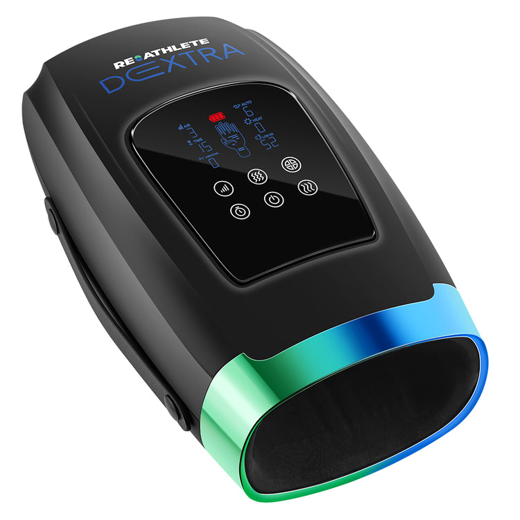 Cordless electric hand massager with a black body, blue accents, and a digital control panel.