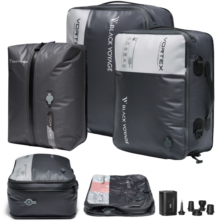 Collection of Black Voyage packing cubes and accessories on a white background