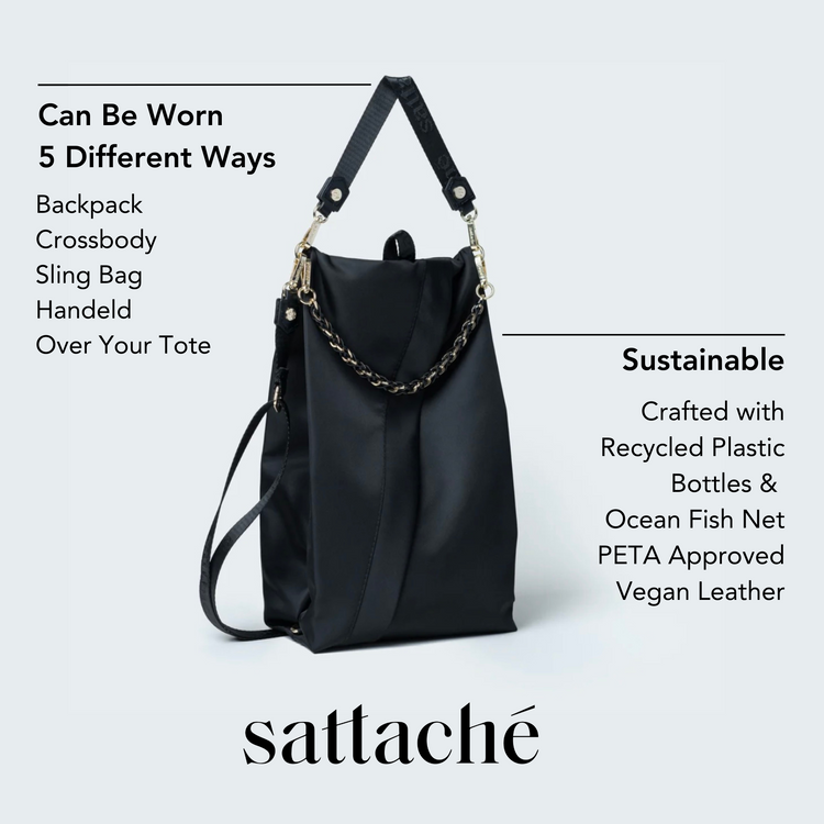 Black bag with chain detail, shown in various styles, on a light gray background with 'sattache' branding.