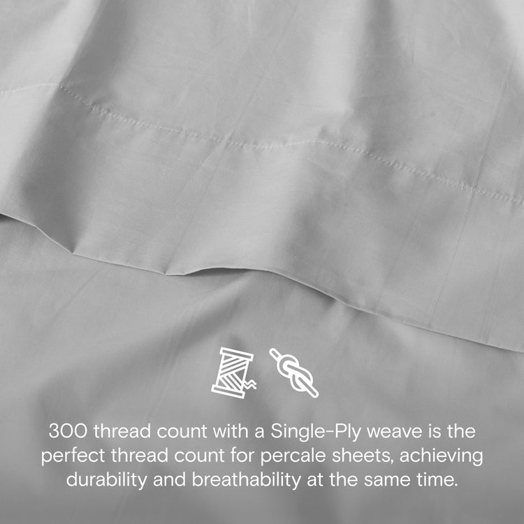Gray percale sheet with text about thread count and weave