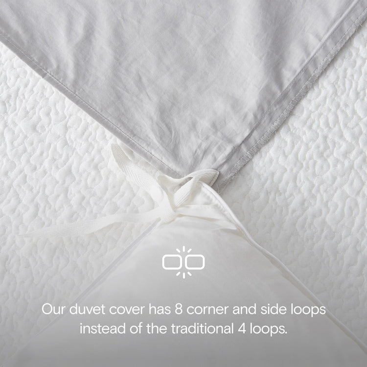 Close-up of a duvet cover with additional corner and side loops on a white background.