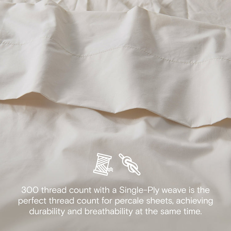Close-up of percale sheets with text about thread count and weave type.