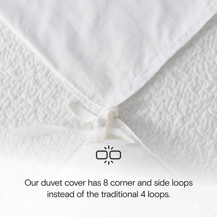 Close-up of a white textured duvet cover with branding and text about corner and side loops.