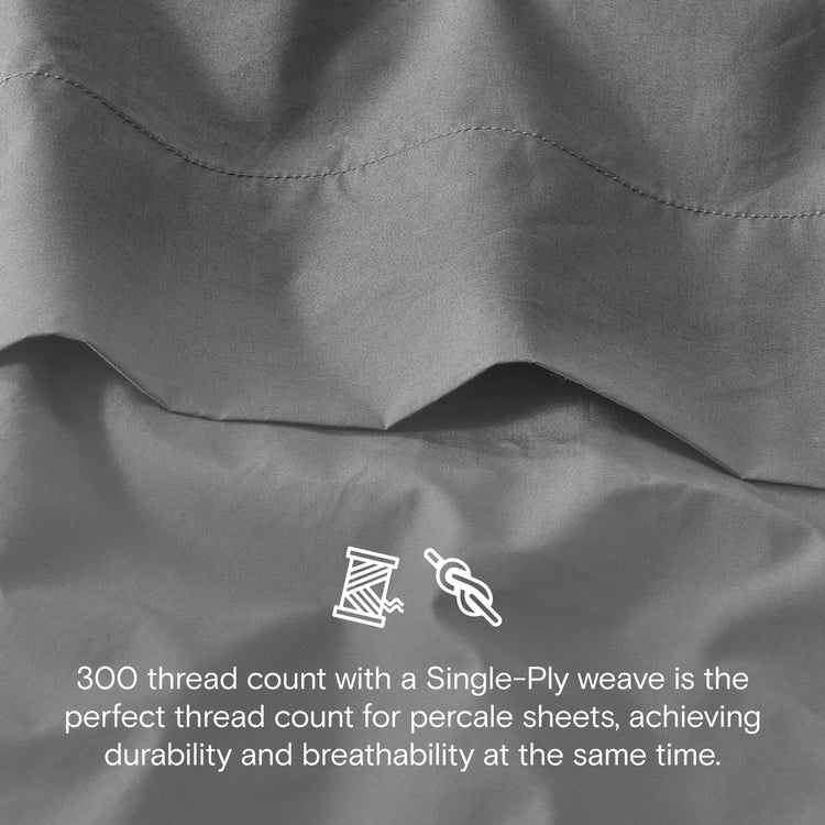 Close-up of percale fabric with text about thread count and weave type.
