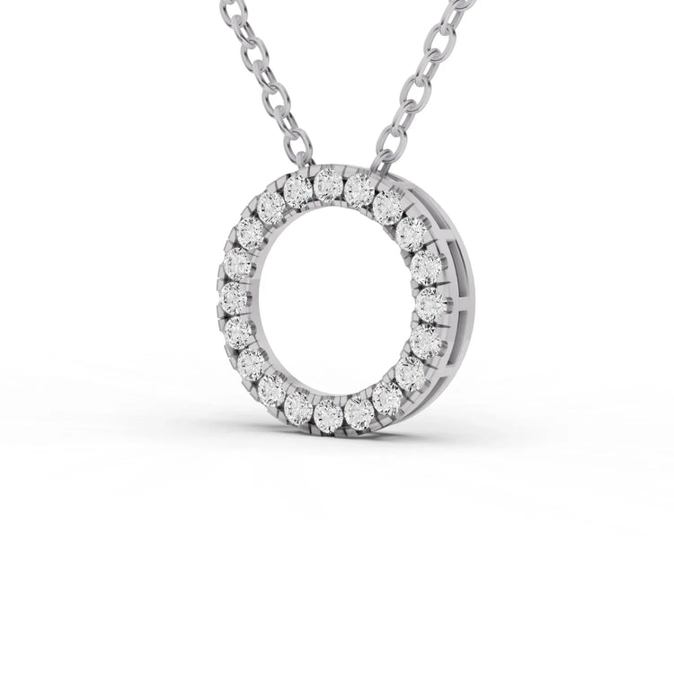 Diamond necklace with a circular pendant on a white background