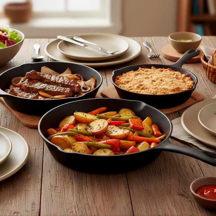 Dinner table set with various dishes including a skillet with vegetables, a pan with meat, and a baked dish.