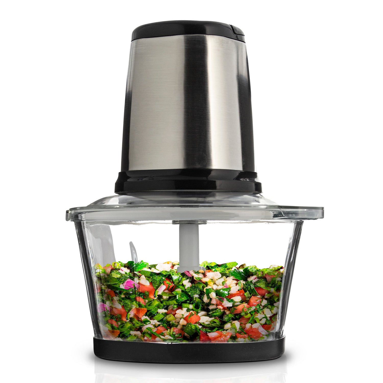 Chopper with chopped vegetables on a white background