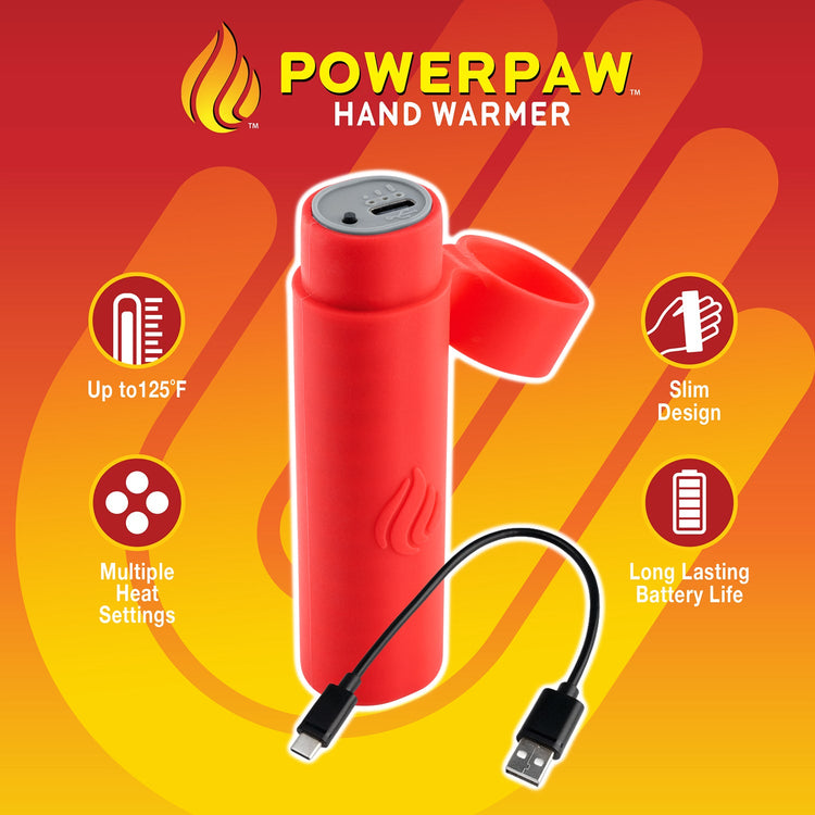 Red PowerPaw hand warmer with features on a red and orange background