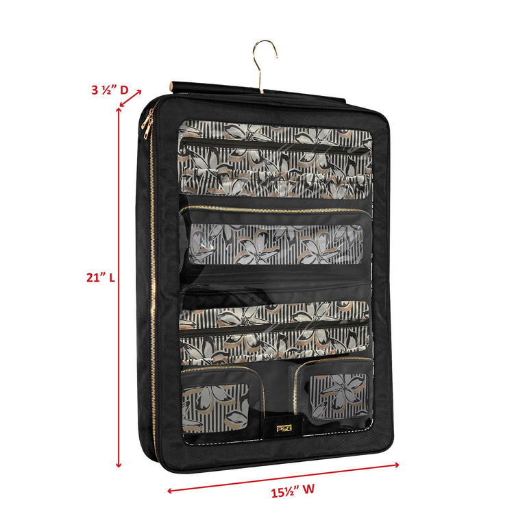 Black travel organizer with floral patterns on a white background, showing dimensions.