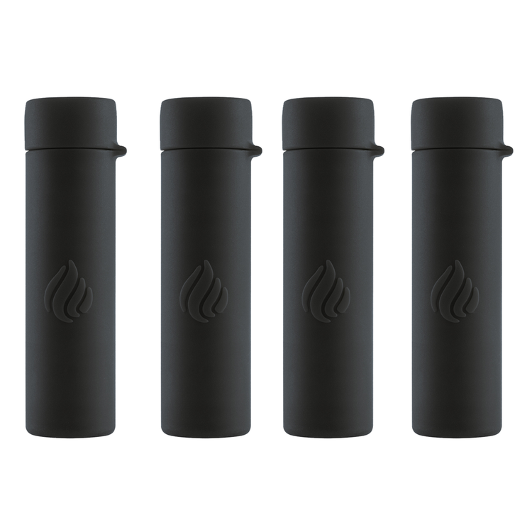Four black travel mugs with a logo on a white background