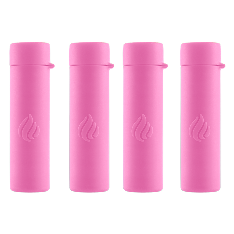 Four pink cylindrical products with a logo on a white background