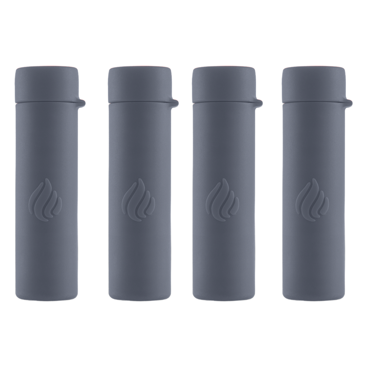 Four gray cylindrical containers with a logo on a white background