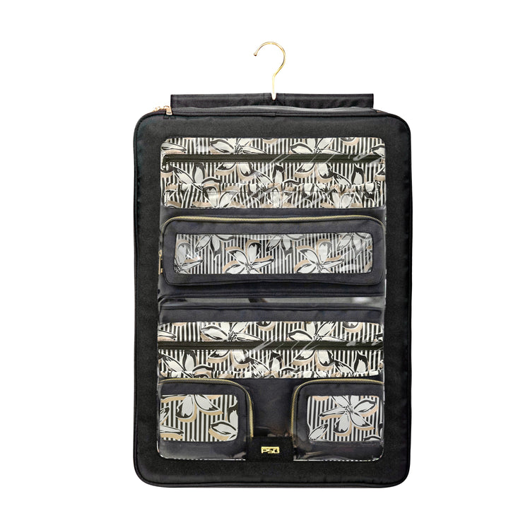 Black travel organizer with floral pattern on a white background