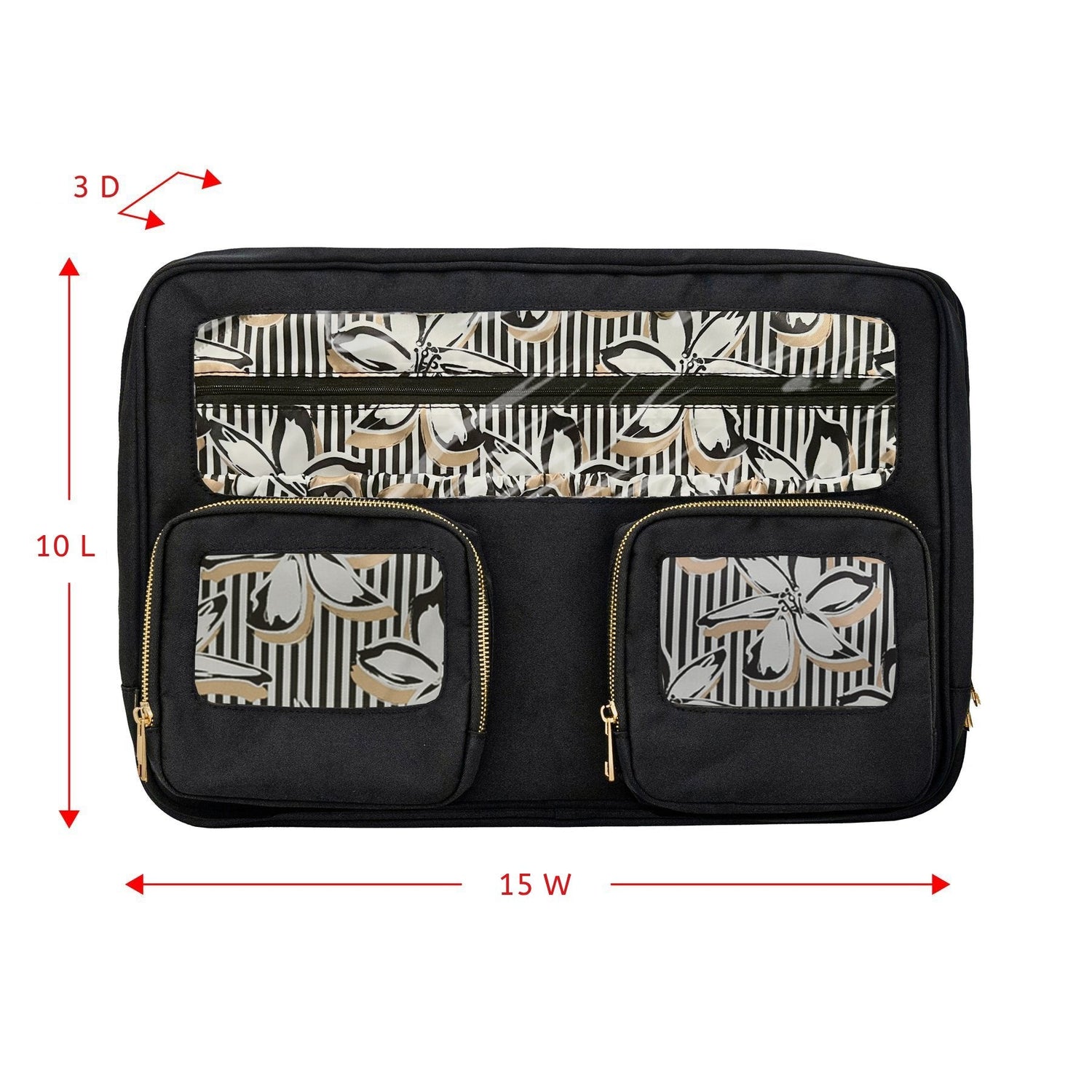 Black travel organizer with floral patterns and measurements on a white background