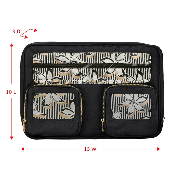 Black travel organizer with floral patterns and measurements on a white background