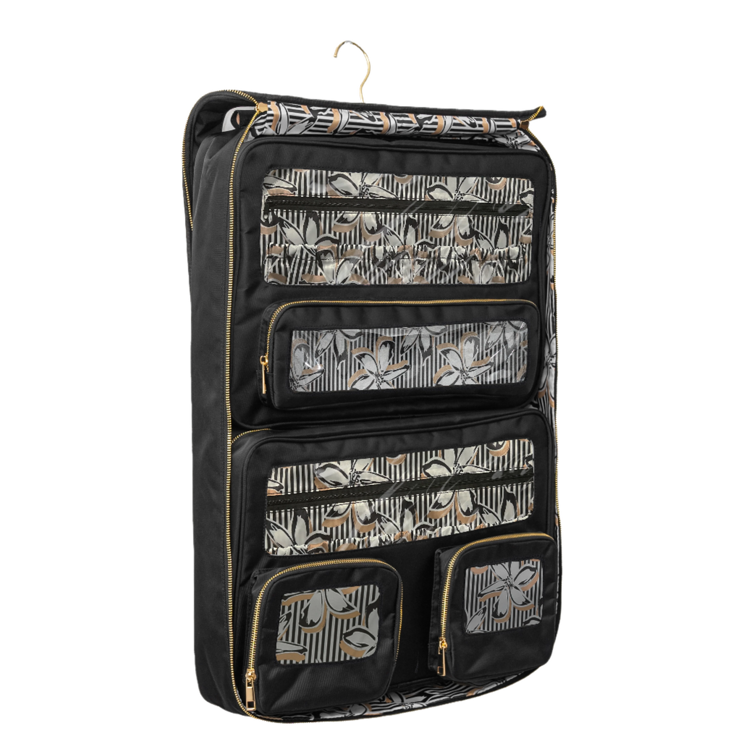 Black hanging organizer with floral patterns on a white background