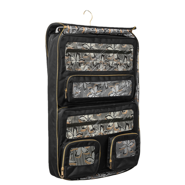 Black hanging organizer with floral patterns on a white background