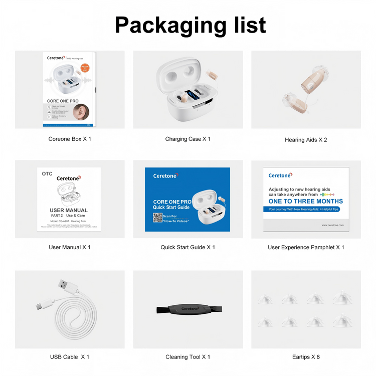 Packaging list for Cere tone hearing aids with various items displayed.