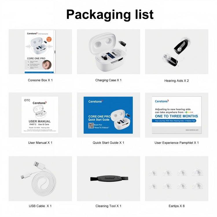 Packaging list for Cere tone hearing aids with various items displayed.
