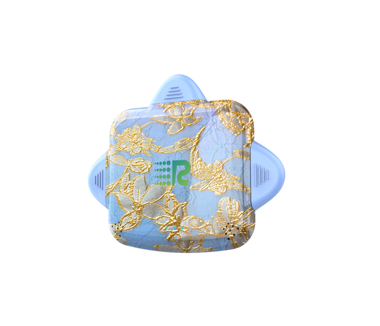 Blue and gold decorative item with a floral pattern on a white background