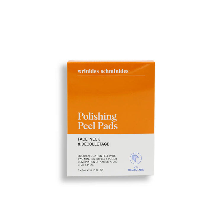 A box of Wrinkles Schminkles Polishing Peel Pads for face, neck, and decolletage with 5 face pads.