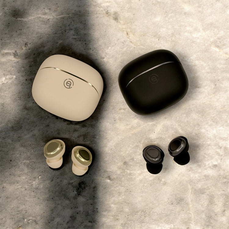 Beige and black earbuds