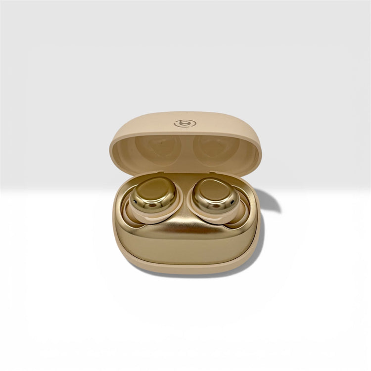 Gold wireless earbuds in an open case on a white background