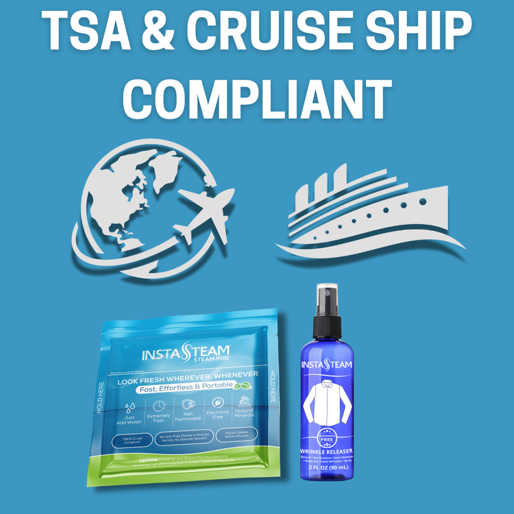 InstaSteam products for travel on a blue background with 'TSA & Cruise Ship Compliant' text.