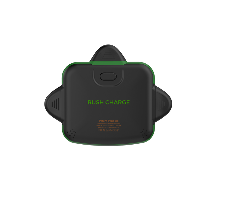 Black and green electronic device with 'Rush Charge' text on a white background