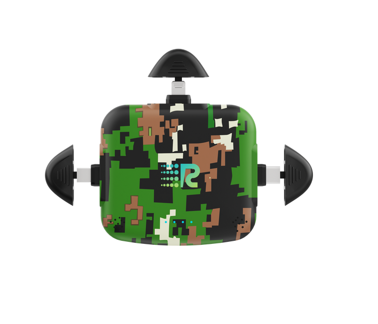 Digital camouflage-patterned device with a logo on a white background