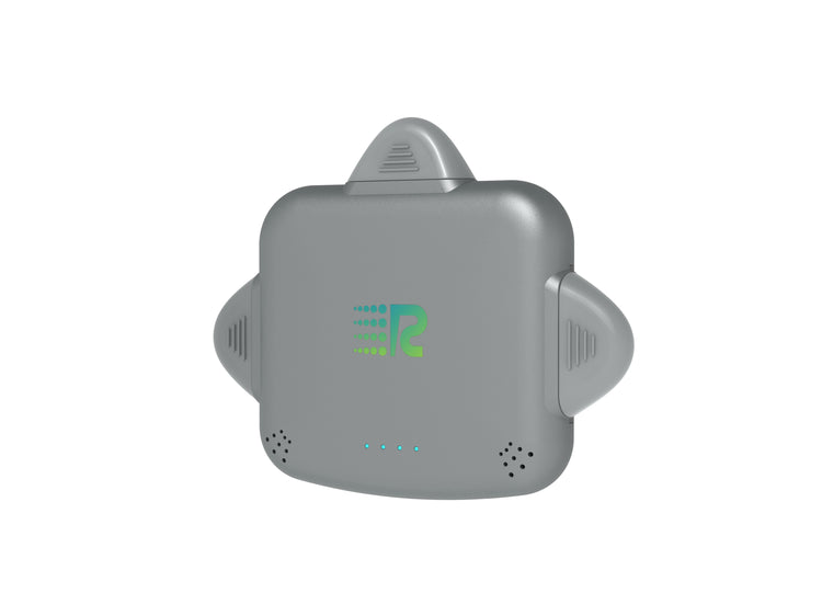 Gray electronic device with a logo on a white background