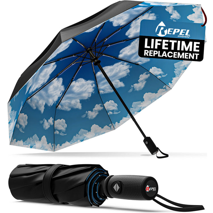 Repel umbrella with cloud pattern and lifetime replacement guarantee on a white background