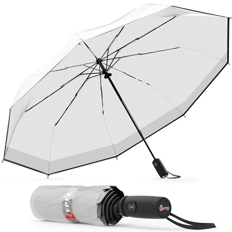 Clear umbrella with black handle and trim on a white background