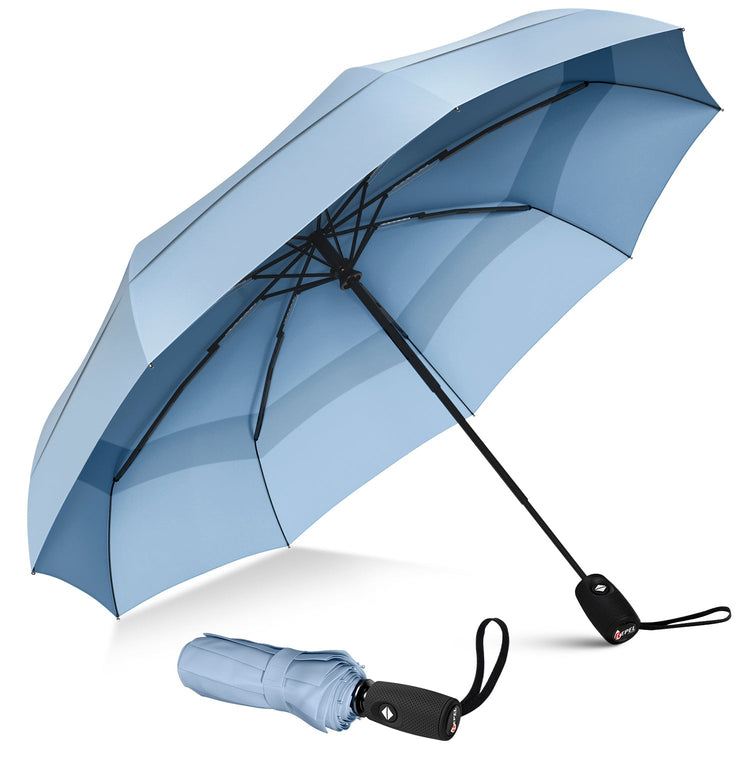 Light blue umbrella with black handle and strap on a white background