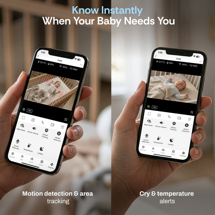 Two hands holding smartphones displaying a baby monitoring app with a blurred background.